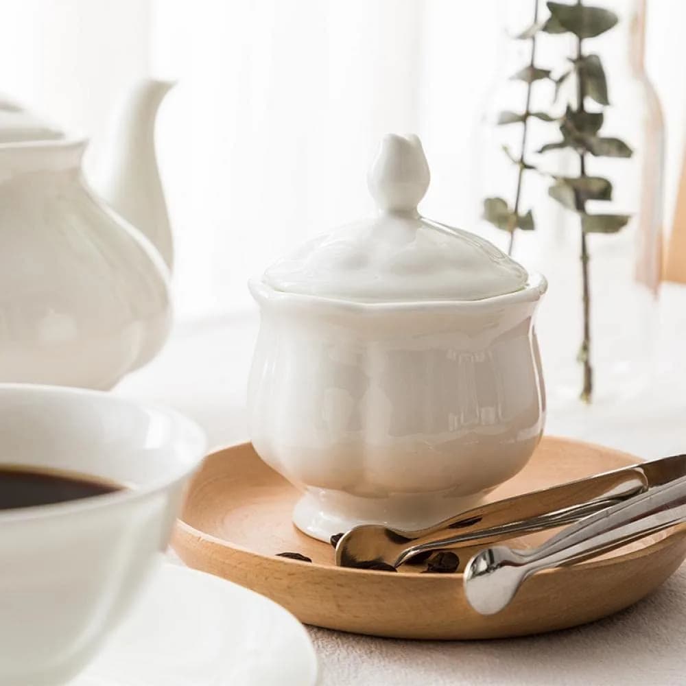 Bicuzat White Flower Shape Porcelain Sugar Bowl and Creamer Set with Lid 210ml (7 OZ) | Elegant Tableware for Tea Parties - view 9