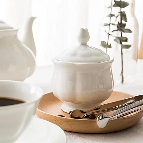 Bicuzat White Flower Shape Porcelain Sugar Bowl and Creamer Set with Lid 210ml (7 OZ) | Elegant Tableware for Tea Parties thumbnail 9
