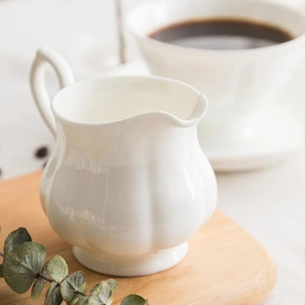 Bicuzat White Flower Shape Porcelain Sugar Bowl and Creamer Set with Lid 210ml (7 OZ) | Elegant Tableware for Tea Parties - view 3