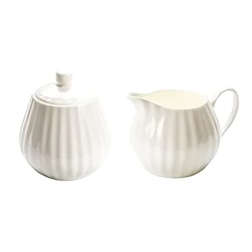 Bicuzat White Strip Porcelain Sugar Bowl and Creamer Set with Lid, 10 OZ & 13 OZ | Elegant Serveware for Indian Homes thumbnail 1