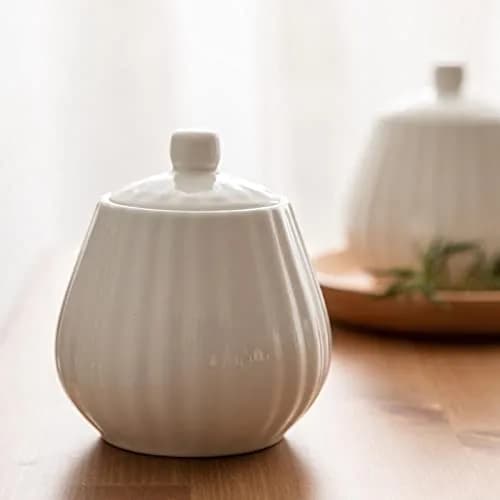 Bicuzat White Strip Porcelain Sugar Bowl and Creamer Set with Lid, 10 OZ & 13 OZ | Elegant Serveware for Indian Homes thumbnail 2