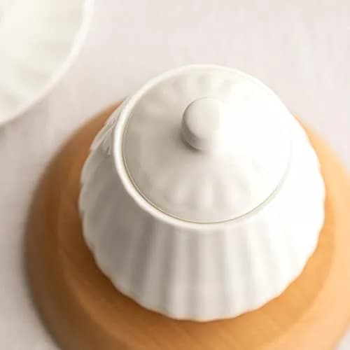 Bicuzat White Strip Porcelain Sugar Bowl and Creamer Set with Lid, 10 OZ & 13 OZ | Elegant Serveware for Indian Homes thumbnail 3