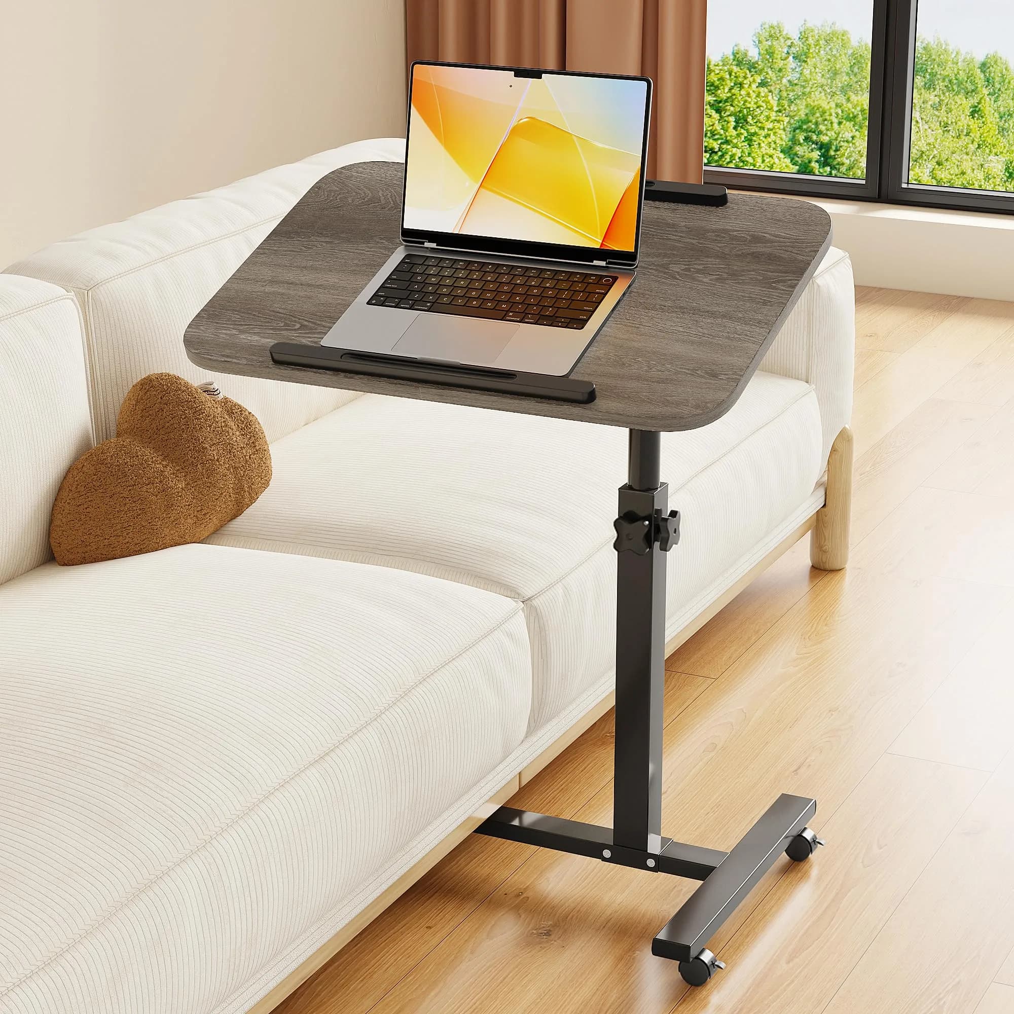Furist Adjustable Overbed Bedside Table with Wheels, Oak Grey | 93cm (36.6") Height | Modern Style - main product image