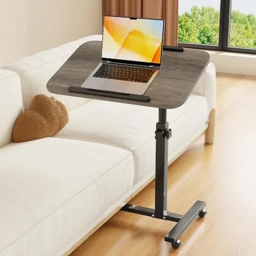 Furist Adjustable Overbed Bedside Table with Wheels, Oak Grey | 93cm (36.6") Height | Modern Style thumbnail 1