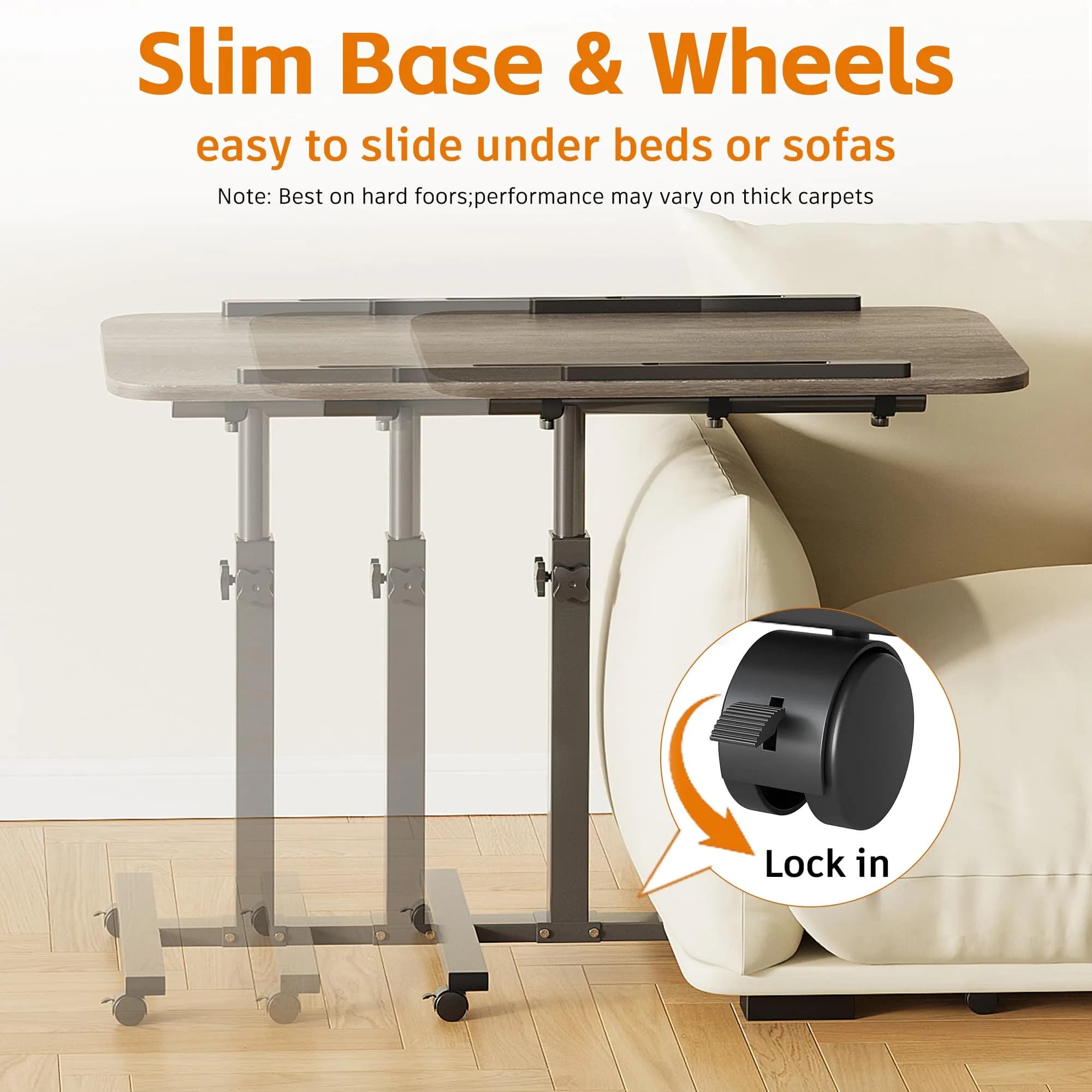 Furist Adjustable Overbed Bedside Table with Wheels, Oak Grey | 93cm (36.6") Height | Modern Style - view 9