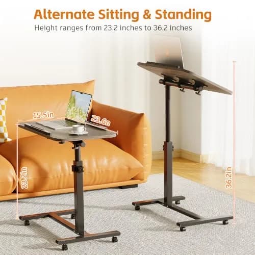 Furist Adjustable Overbed Bedside Table with Wheels, Oak Grey | 93cm (36.6") Height | Modern Style thumbnail 2