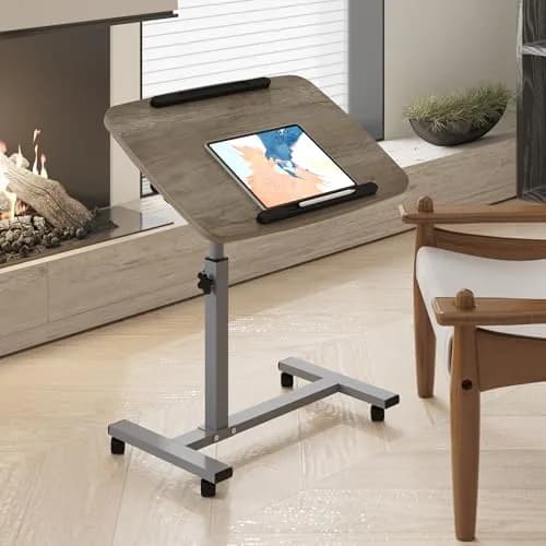 Furist Adjustable Overbed Bedside Table with Wheels, Oak Grey | 93cm (36.6") Height | Modern Style thumbnail 3
