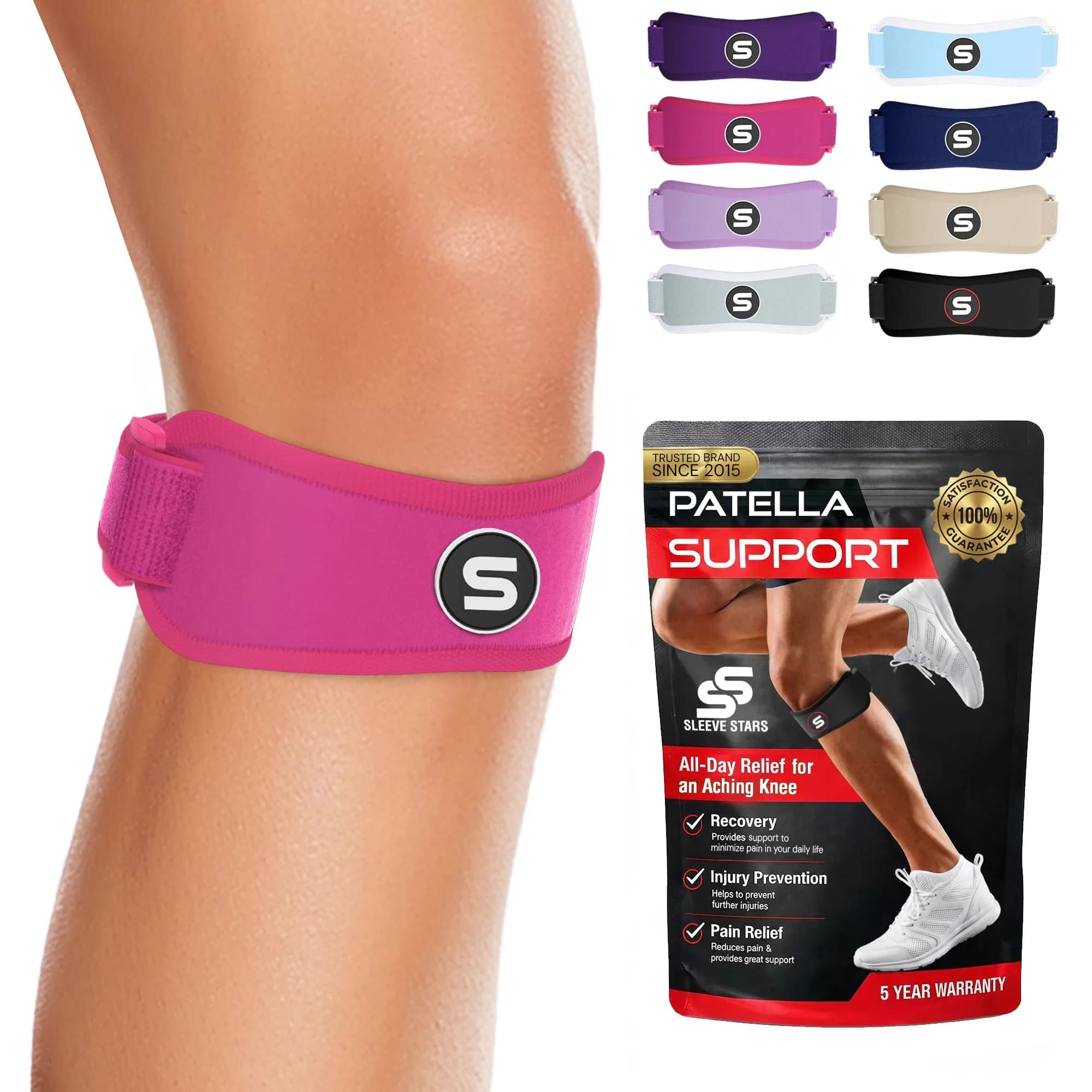SS SLEEVE STARS Patellar Tendon Support Strap for Adults | Adjustable Knee Brace for Osgood Schlatter & Knee Pain Relief — Hot Pink / Adults