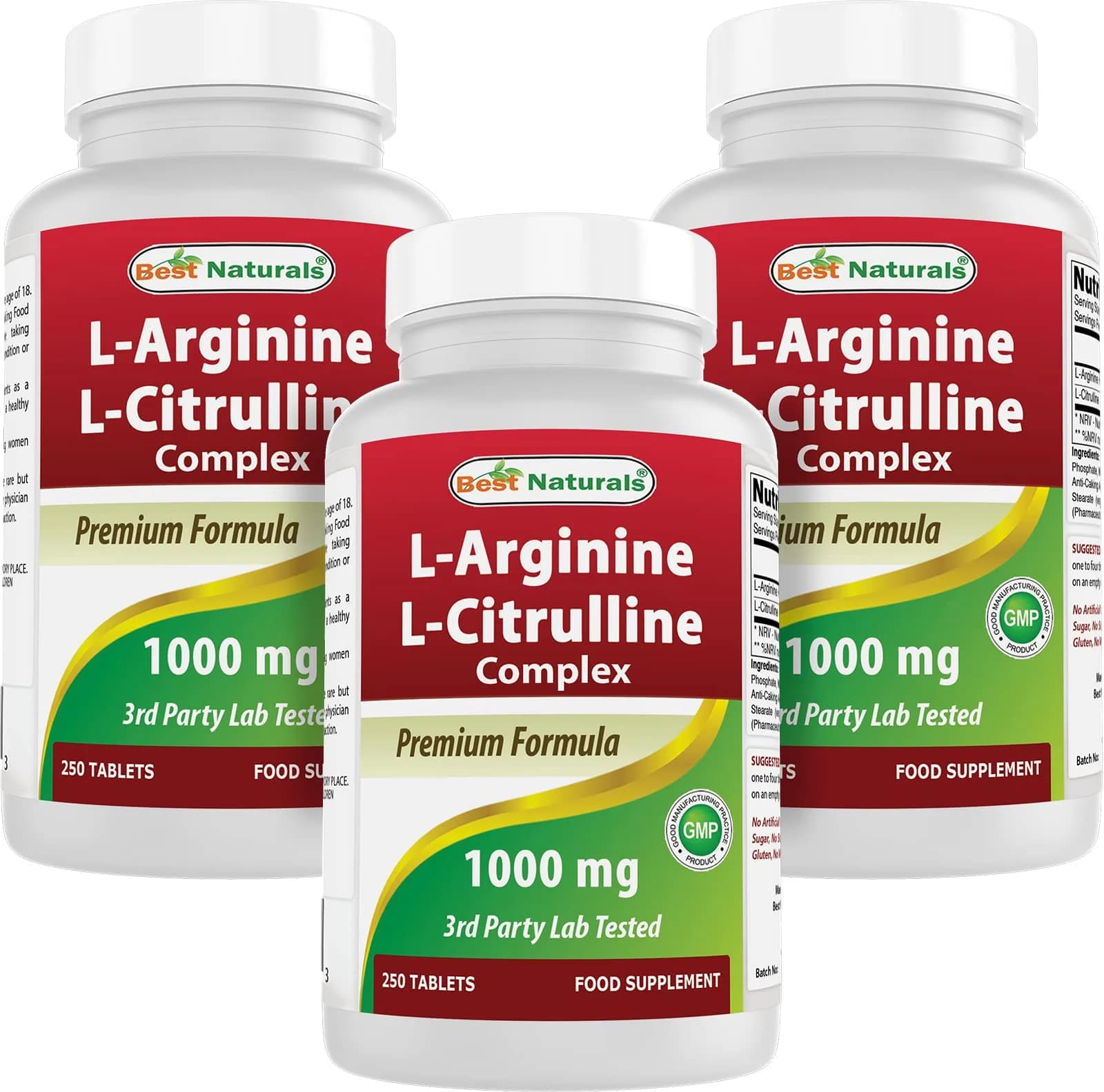 Best Naturals L-Arginine L-Citrulline Complex 1000 mg 750 Tablets (250 Count x 3 Bottles) | 3rd Party Lab Tested for Purity & Quality — Tablet