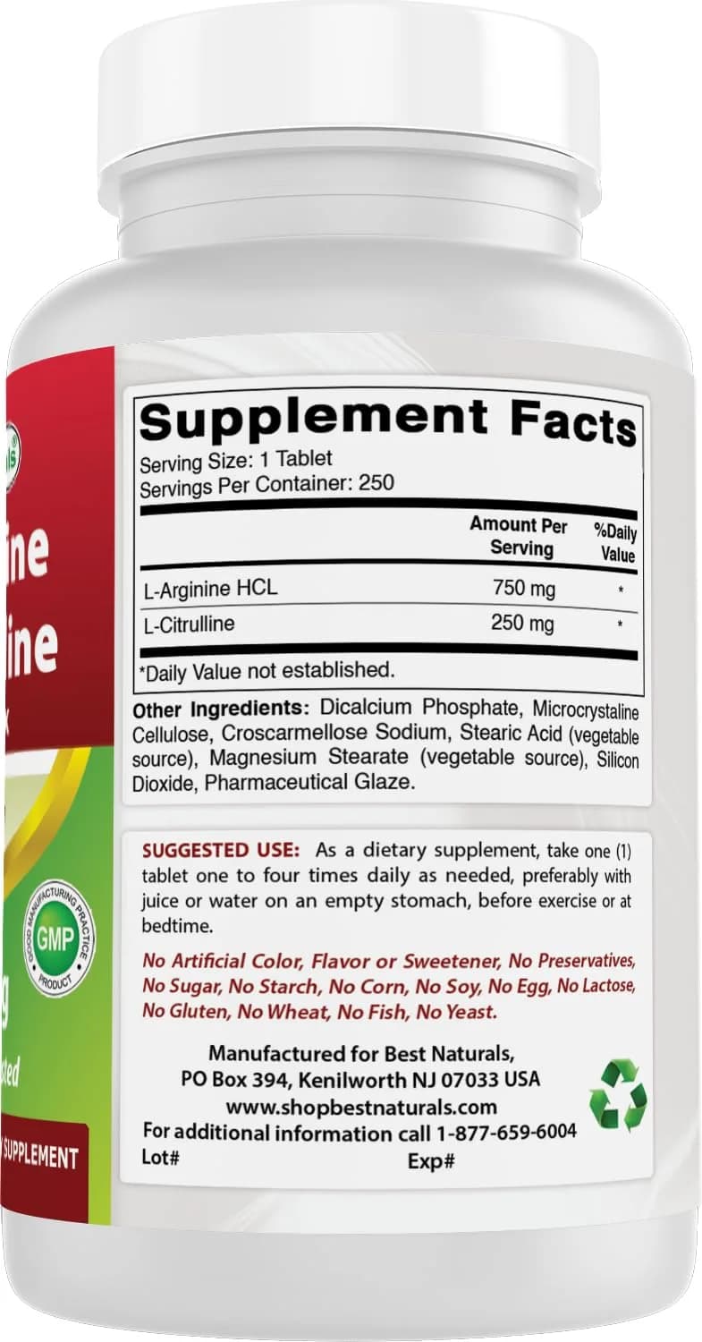 Best Naturals L-Arginine L-Citrulline Complex 1000 mg 500 Tablets (250 Count x 2) | 3rd Party Tested for Purity & Quality - view 6
