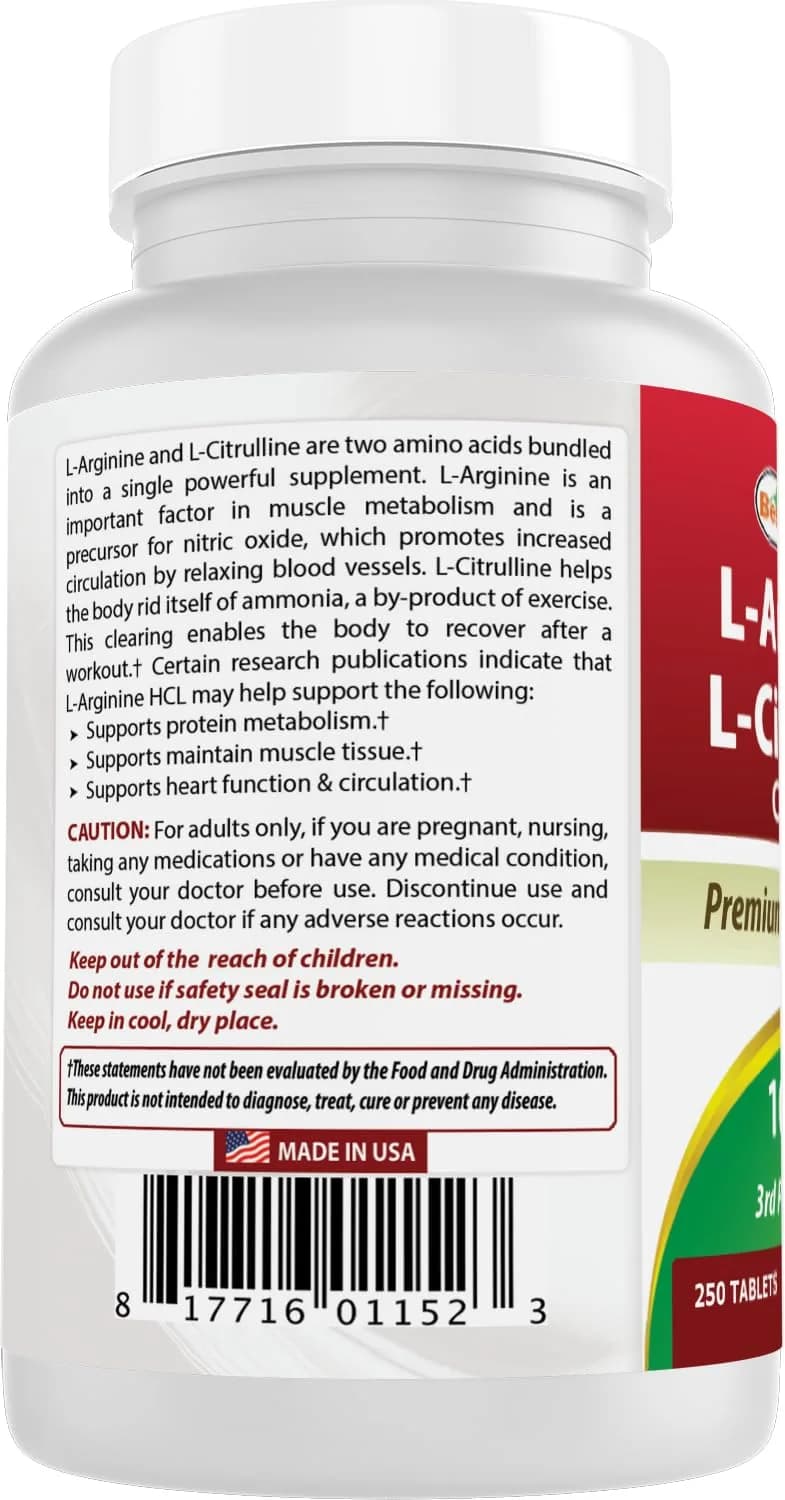 Best Naturals L-Arginine L-Citrulline Complex 1000 mg 500 Tablets (250 Count x 2) | 3rd Party Tested for Purity & Quality - view 7