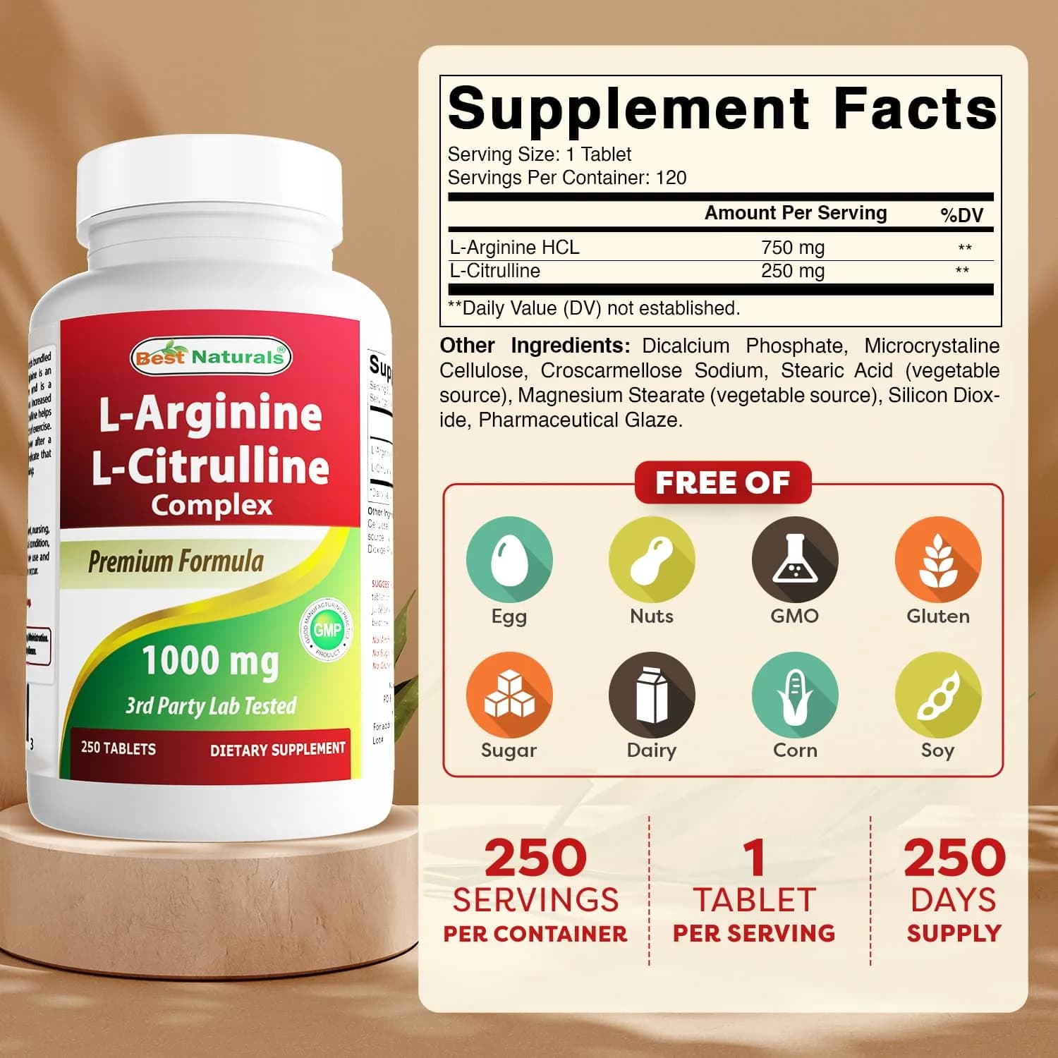 Best Naturals L-Arginine L-Citrulline Complex 1000 mg 500 Tablets (250 Count x 2) | 3rd Party Tested for Purity & Quality - view 2