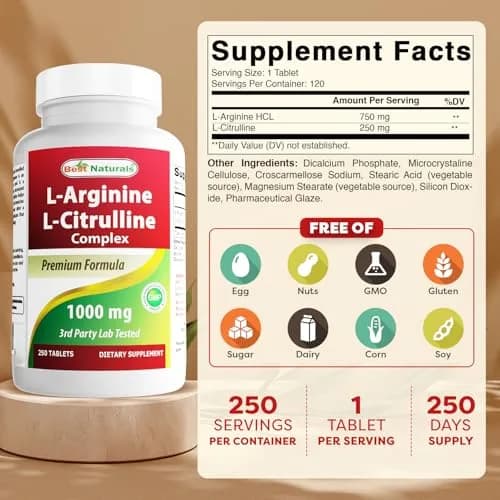Best Naturals L-Arginine L-Citrulline Complex 1000 mg 500 Tablets (250 Count x 2) | 3rd Party Tested for Purity & Quality thumbnail 2