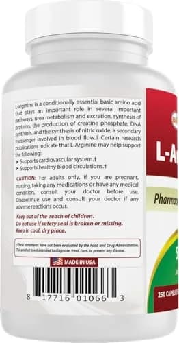Best Naturals L-Arginine 500mg 250 Capsules | 2-Pack, Unflavoured, USA Import thumbnail 7