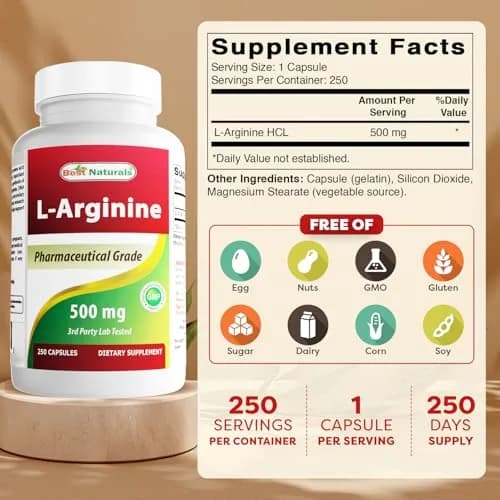 Best Naturals L-Arginine 500mg 250 Capsules | 2-Pack, Unflavoured, USA Import thumbnail 2