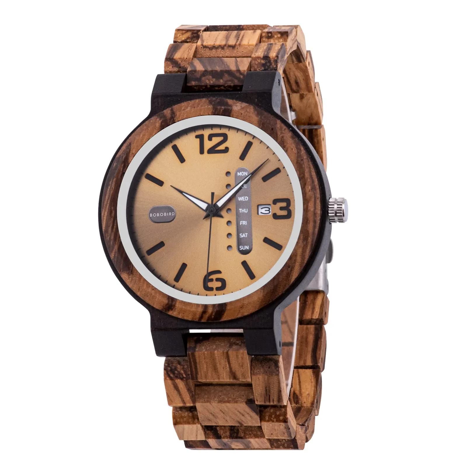 BOBO BIRD Yellow Dial Men's Zebra Wooden Quartz Watch 45.6mm (1.79in) | Week & Date Display Handmade Casual Watch - main product image