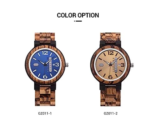 BOBO BIRD Yellow Dial Men's Zebra Wooden Quartz Watch 45.6mm (1.79in) | Week & Date Display Handmade Casual Watch thumbnail 3