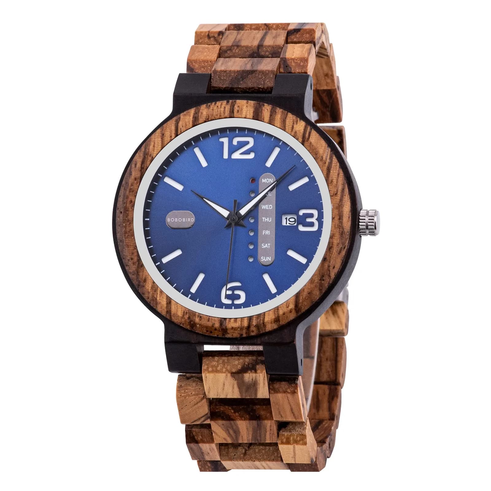 BOBO BIRD Zebra Wooden Watch Men's Blue Dial Week Date Display 45.6mm (1.8in) | Handmade Casual Quartz — Blue Dial