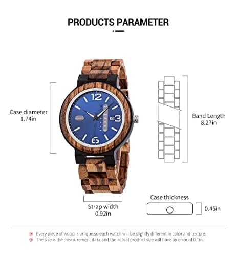 BOBO BIRD Zebra Wooden Watch Men's Blue Dial Week Date Display 45.6mm (1.8in) | Handmade Casual Quartz thumbnail 4