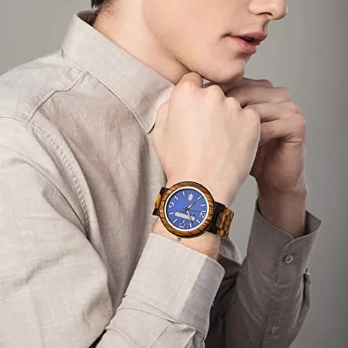 BOBO BIRD Zebra Wooden Watch Men's Blue Dial Week Date Display 45.6mm (1.8in) | Handmade Casual Quartz thumbnail 2