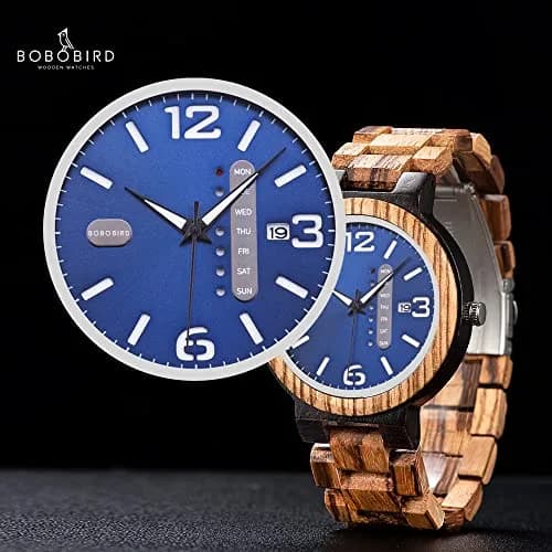 BOBO BIRD Zebra Wooden Watch Men's Blue Dial Week Date Display 45.6mm (1.8in) | Handmade Casual Quartz thumbnail 3