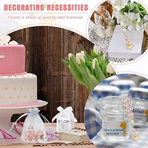 MTLEE 100 Pcs Baptism Rosary Set with Gift Boxes, Organza Bags & Thank You Tags | Pink Gold Religious Ceremony Favors thumbnail 6