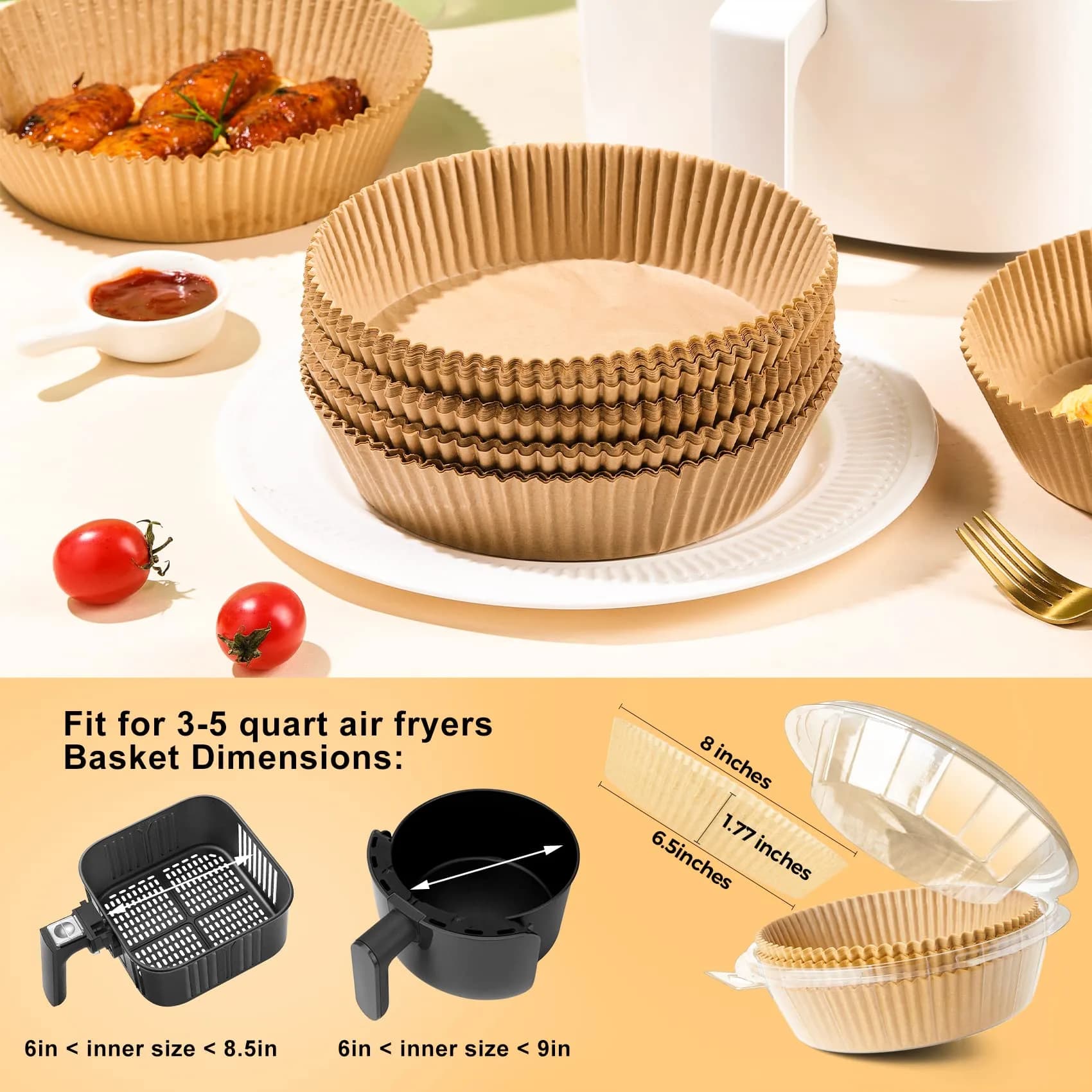 ctizne Air Fryer Disposable Parchment Paper Liners 100Pcs, 6.5" Round (16.5cm) for 3-5QT Air Fryers | Non-Stick & Waterproof - view 2