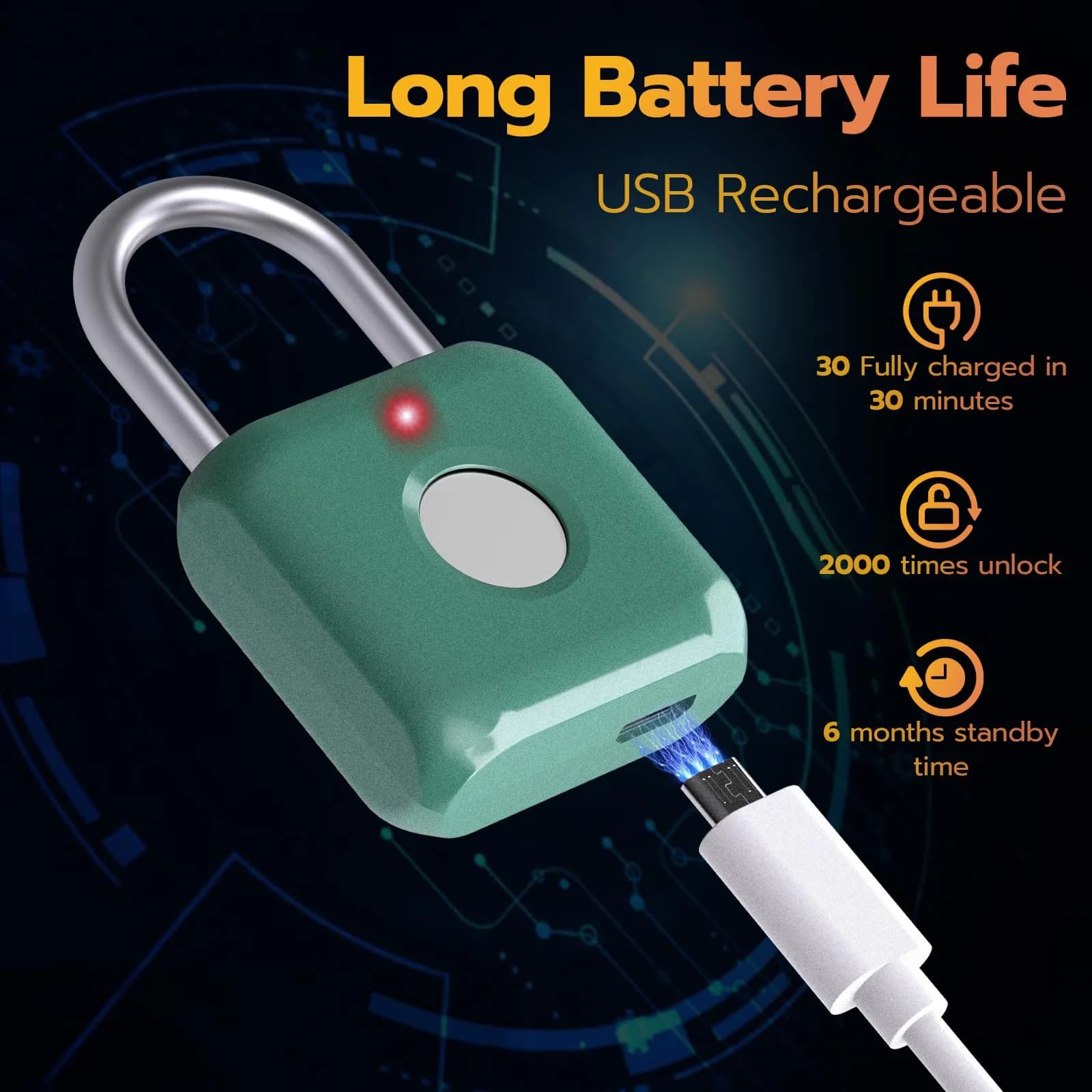 Pothunder Green Fingerprint Padlock | Keyless Biometric Security Lock with USB Rechargeable Battery - view 5