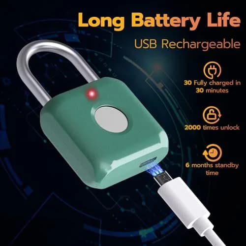 Pothunder Green Fingerprint Padlock | Keyless Biometric Security Lock with USB Rechargeable Battery thumbnail 5