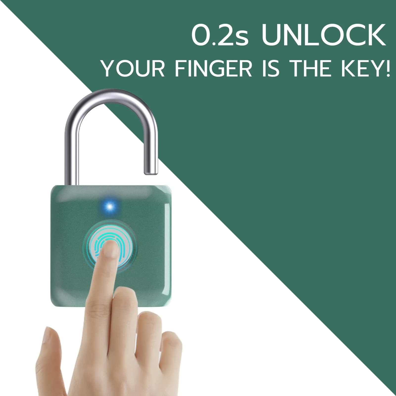 Pothunder Biometric Fingerprint Padlock - Keyless Smart Lock, Green, for Gym Locker, Luggage, Backpack - view 2