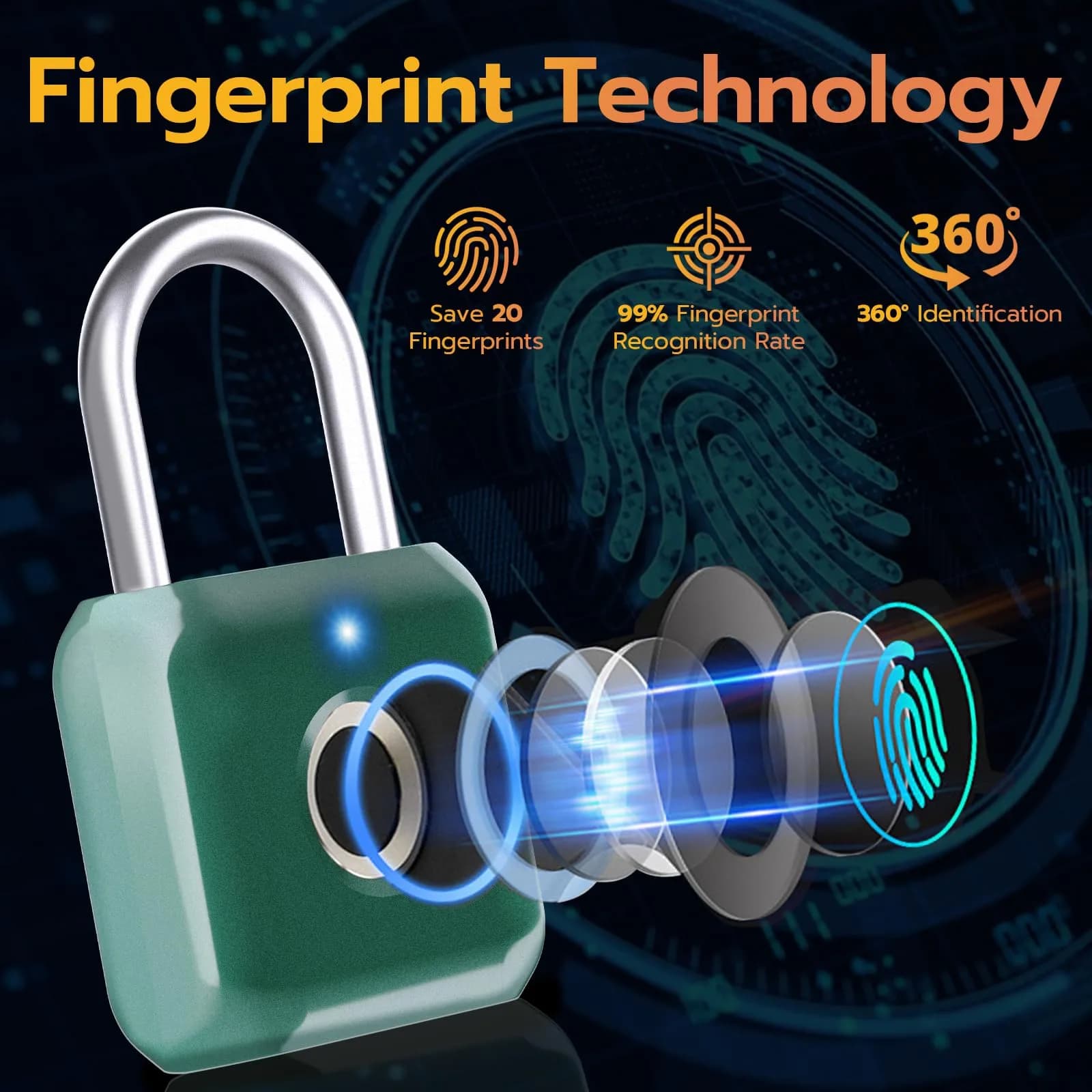 Pothunder Biometric Fingerprint Padlock - Keyless Smart Lock, Green, for Gym Locker, Luggage, Backpack - view 3