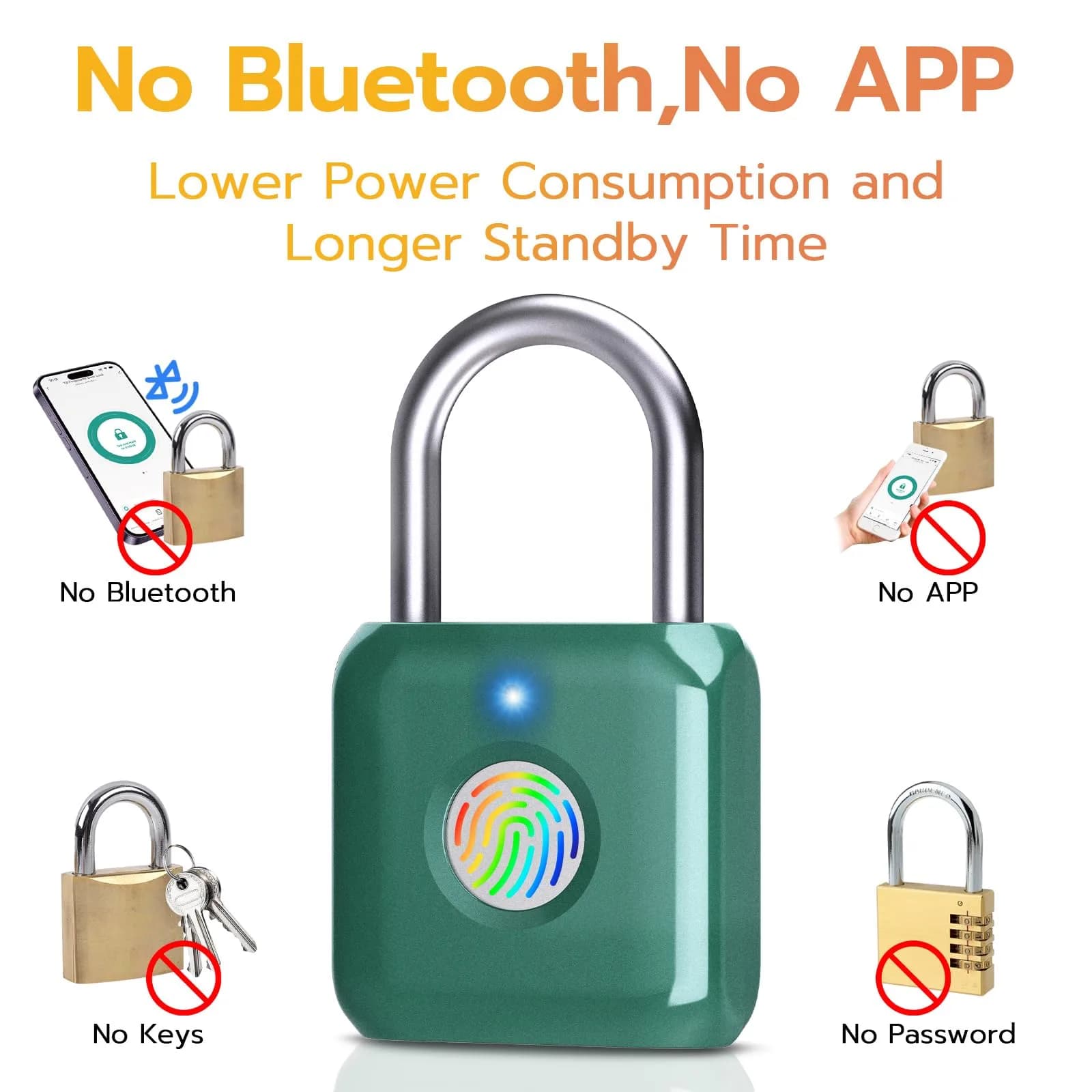 Pothunder Biometric Fingerprint Padlock - Keyless Smart Lock, Green, for Gym Locker, Luggage, Backpack - view 4