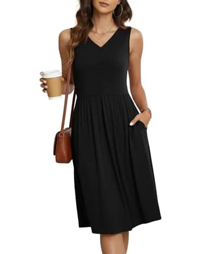 NILOUFO Sleeveless Dress for Women Summer Knee Length with Pockets | Flowy Casual Style in Black (70-120 chars) thumbnail 1