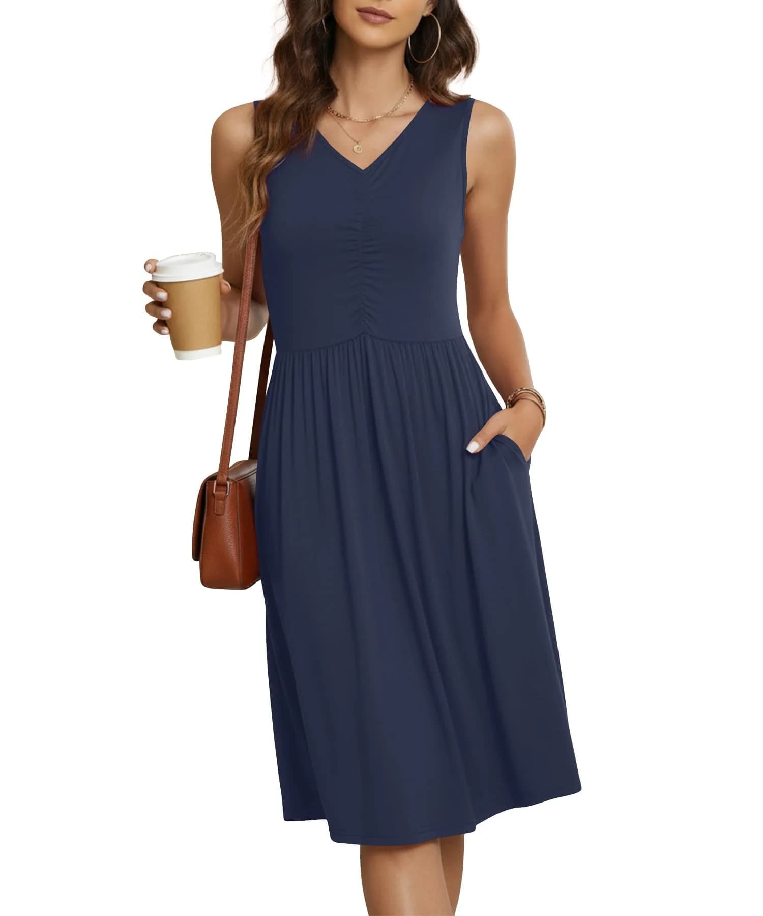 NILOUFO Sleeveless Dress for Women Summer Knee Length with Pockets | Flowy Casual V-Neck Dress — B:navy Blue