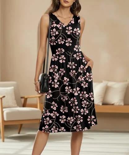 NILOUFO Sleeveless Dress for Women Summer Knee Length Sundress with Pockets | Flowy Floral Casual Style thumbnail 3