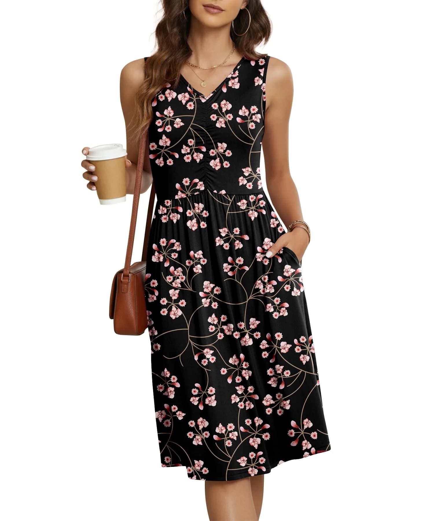 NILOUFO Sleeveless Dress for Women Summer Knee Length Sundress with Pockets | Flowy Floral Casual Style - main product image