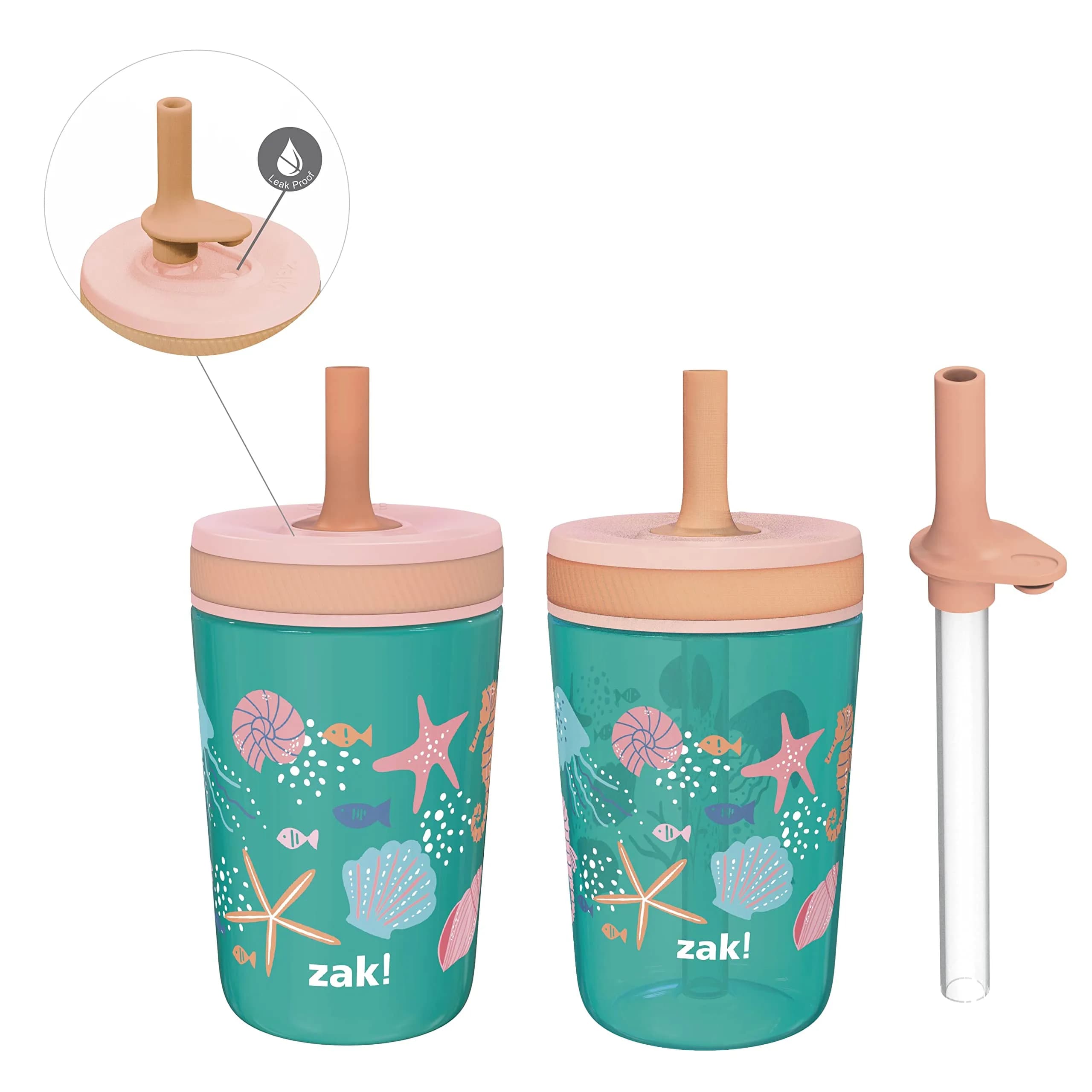 Zak Designs Shells Kelso Tumbler Set, Leak-Proof Screw-On Lid with Straw, Bundle for Kids Includes Plastic and Stainless Steel Cups with Bonus Sipper (3pc Set, Non-BPA) - main product image