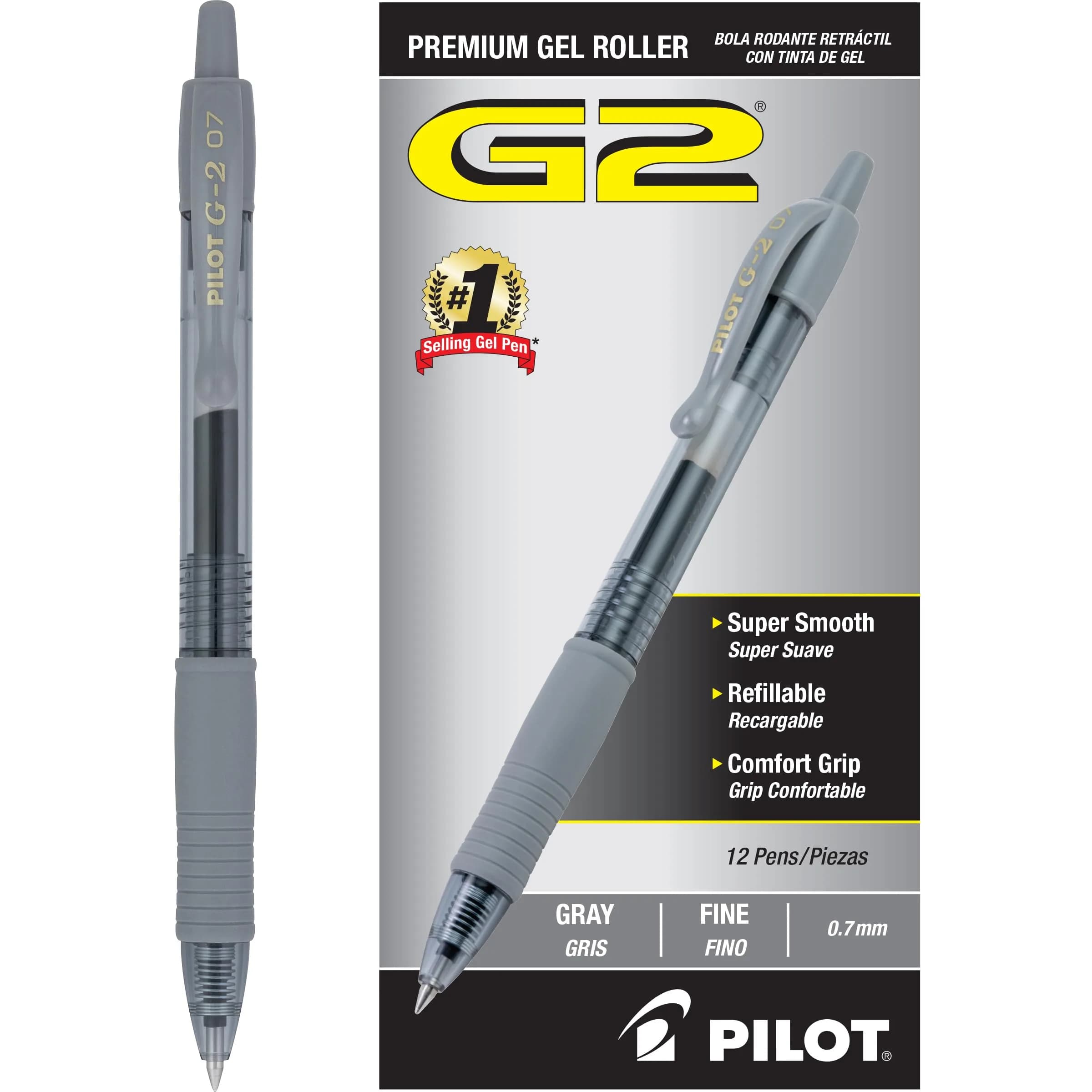 PILOT G2 Retractable Gel Pens, 0.7mm Fine Point, Gray Ink, 12-Pack | Smooth Writing for Office & Students - main product image