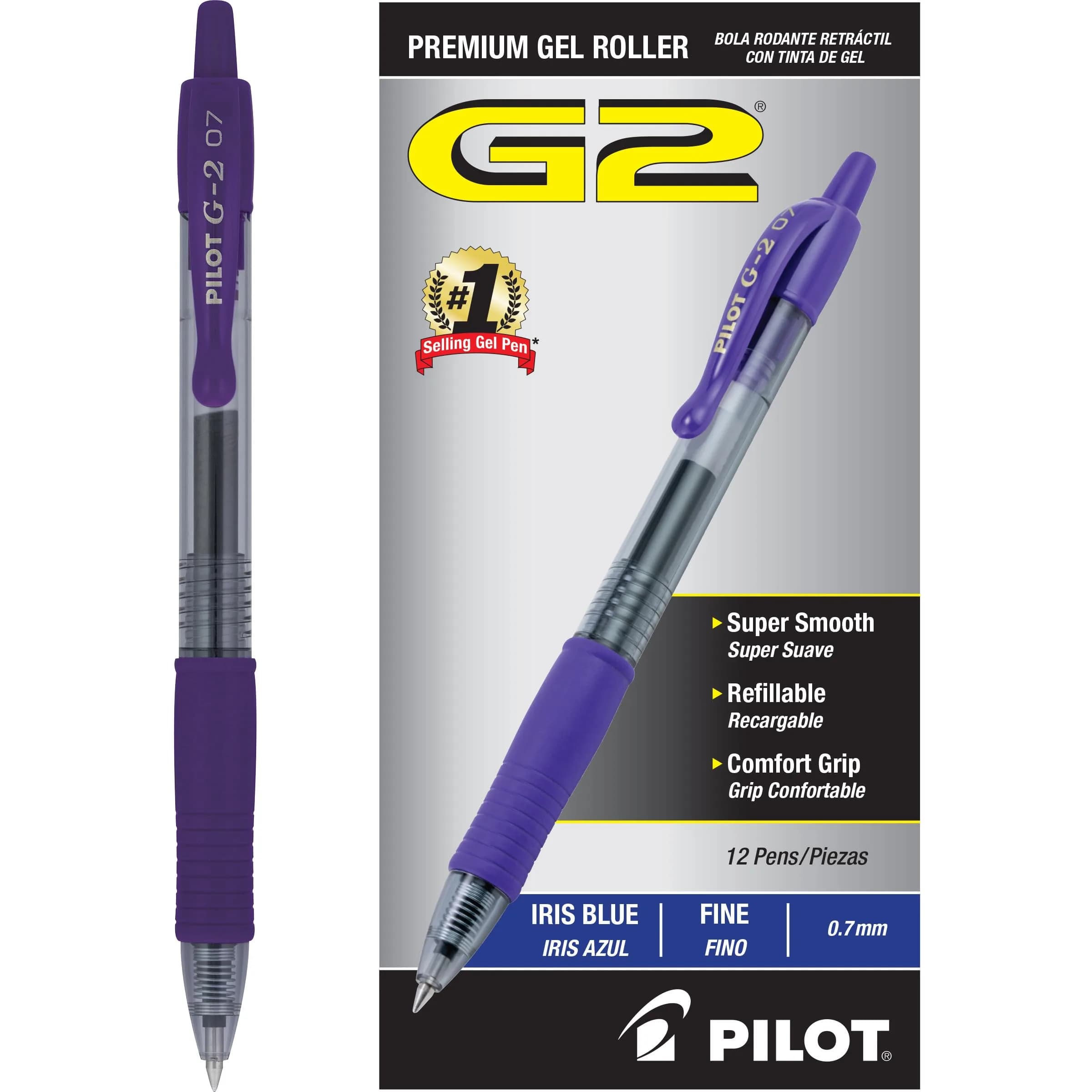 PILOT G2 Premium Gel Roller Pens, Iris Blue Ink, Fine Point 0.7mm, Pack of 12 | Longest Writing Gel Ink Pen — Iris Blue Ink