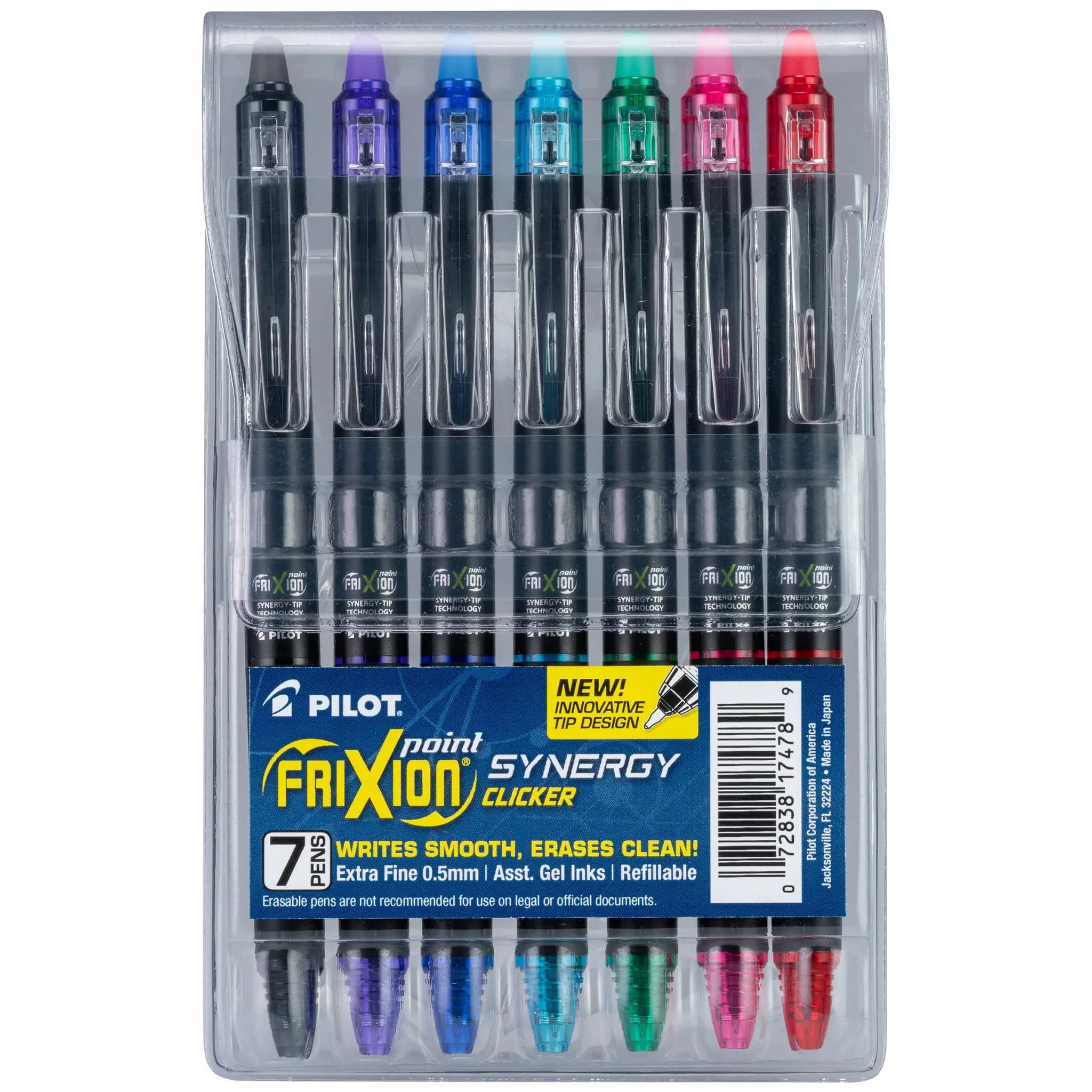 PILOT FriXion Synergy Clicker Erasable Gel Pens, Pack of 7, Vibrant 7 Assorted Colors, 0.5mm Fine Point - main product image