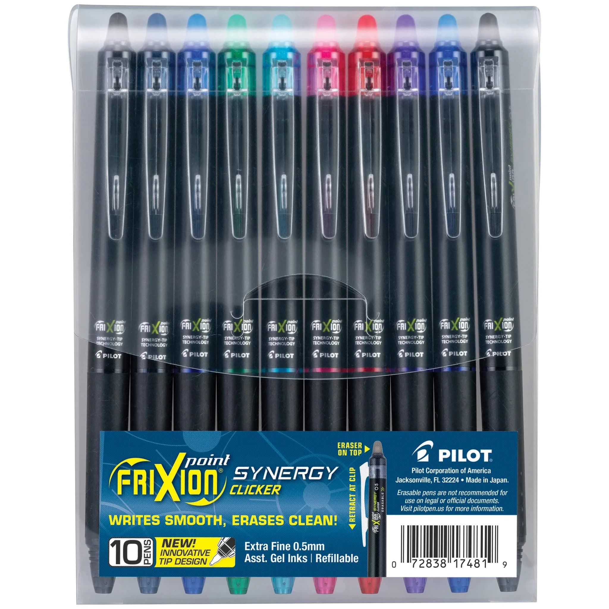 PILOT FriXion Synergy Clicker Erasable Pens 0.5mm Extra Fine Point, 10 Assorted Colors | Smooth Ink Flow - main product image