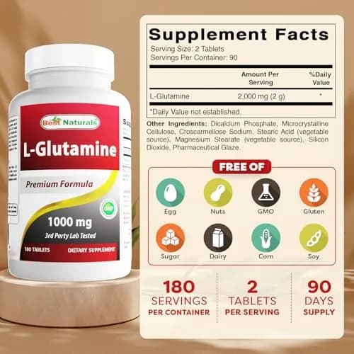 Best Naturals L-Glutamine 1000 mg 180 Tablets | Unflavored, 360 Tablets (Pack of 2) for Muscle & Immunity Support thumbnail 2