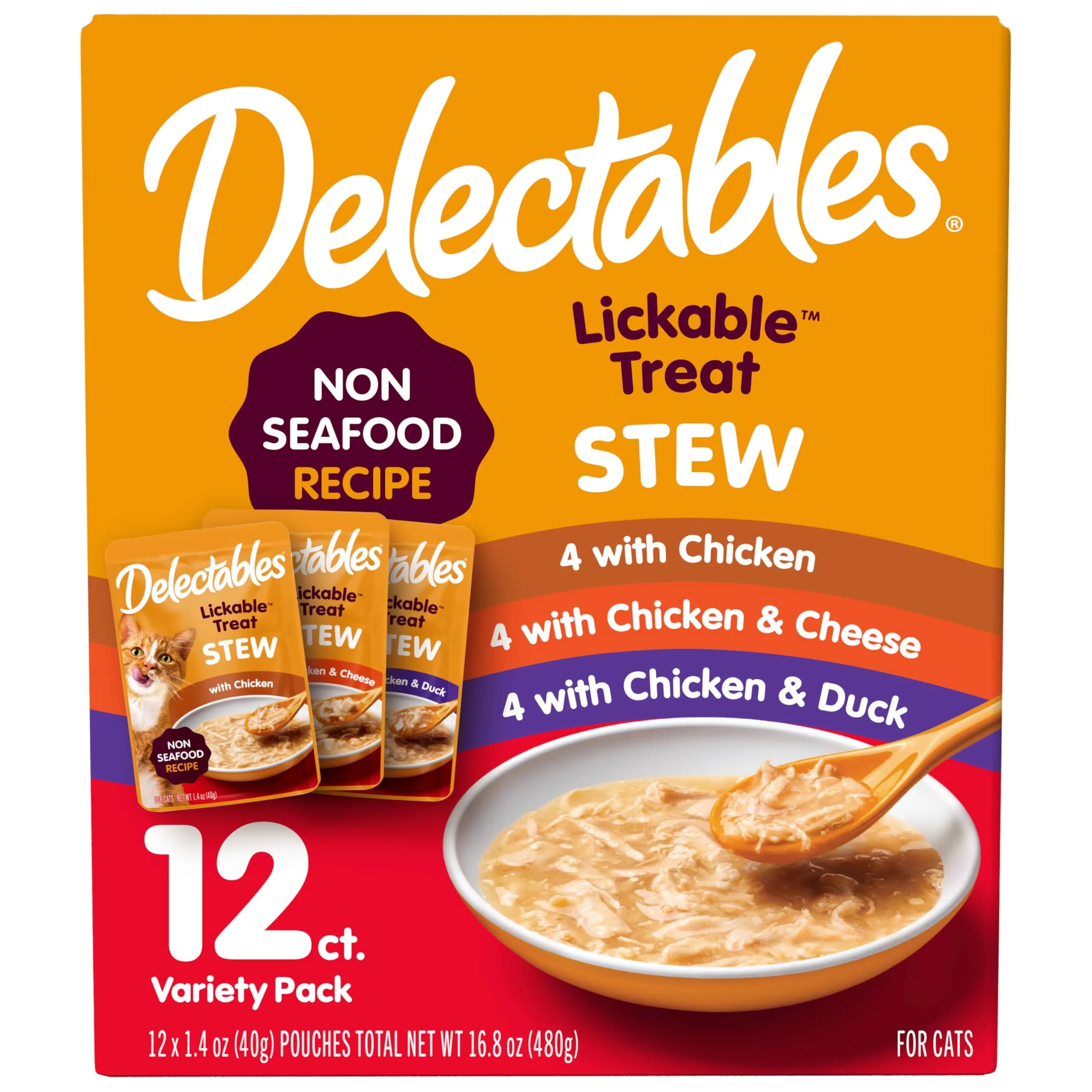 Delectables Non-Seafood Stew Lickable Wet Cat Treats Variety Pack 1.4oz (12 Pouches) | Entangled Meat & Sauce for Complete Licking - main product image