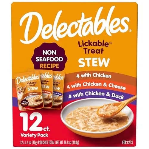 Delectables Non-Seafood Stew Lickable Wet Cat Treats Variety Pack 1.4oz (12 Pouches) | Entangled Meat & Sauce for Complete Licking thumbnail 1