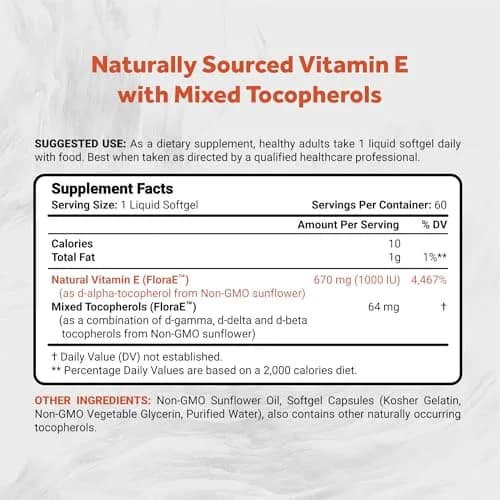 Naturalis Sunflower Vitamin E 670mg (1000 IU) with Mixed Tocopherols | Essential Skin & Immune Support | Non-GMO, Gluten & Soy Free | 60 Softgels thumbnail 2