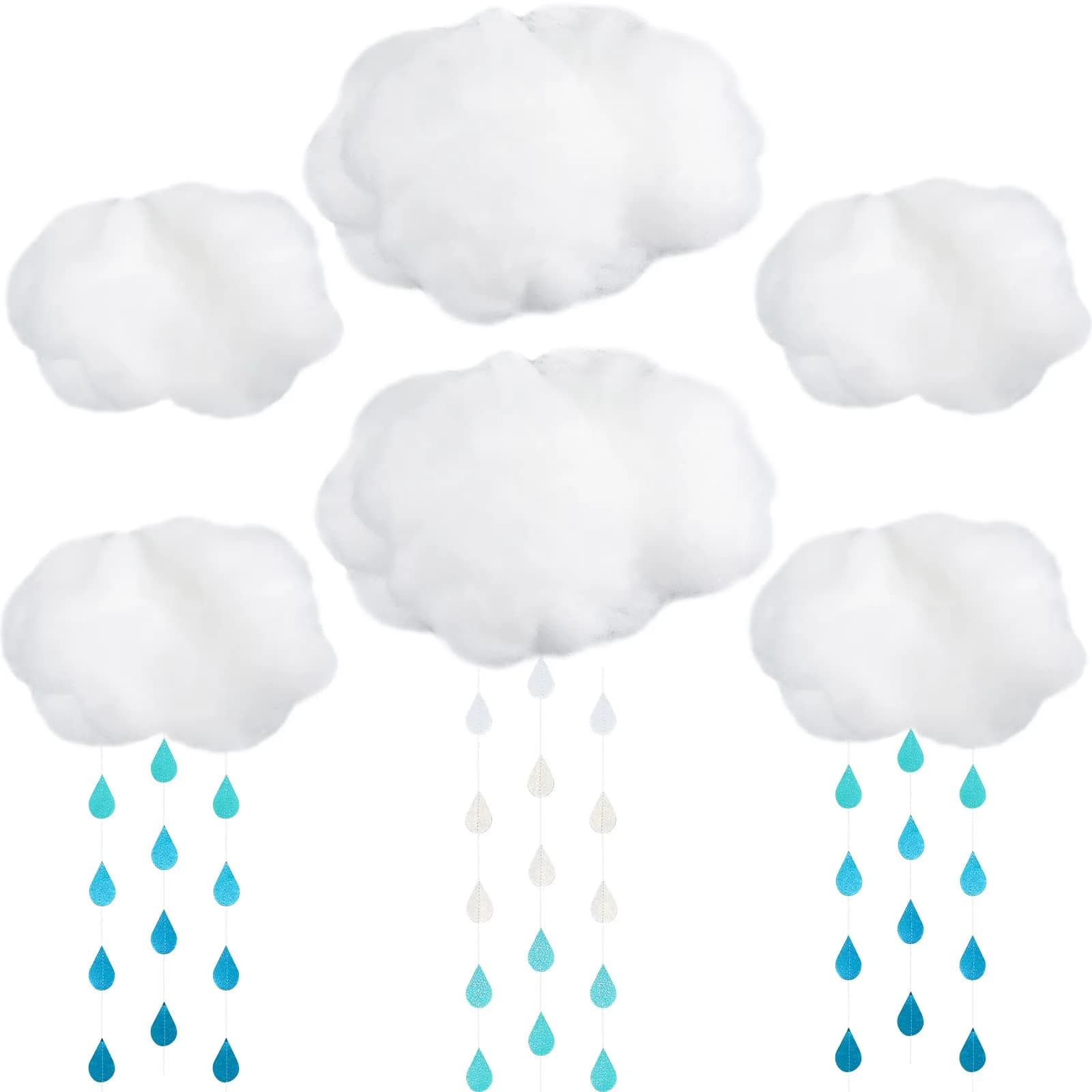 Saffica 14 Pcs Cloud Ceiling Decor Clouds & Raindrop Garlands | Elegant DIY Home & Party Decoration — White