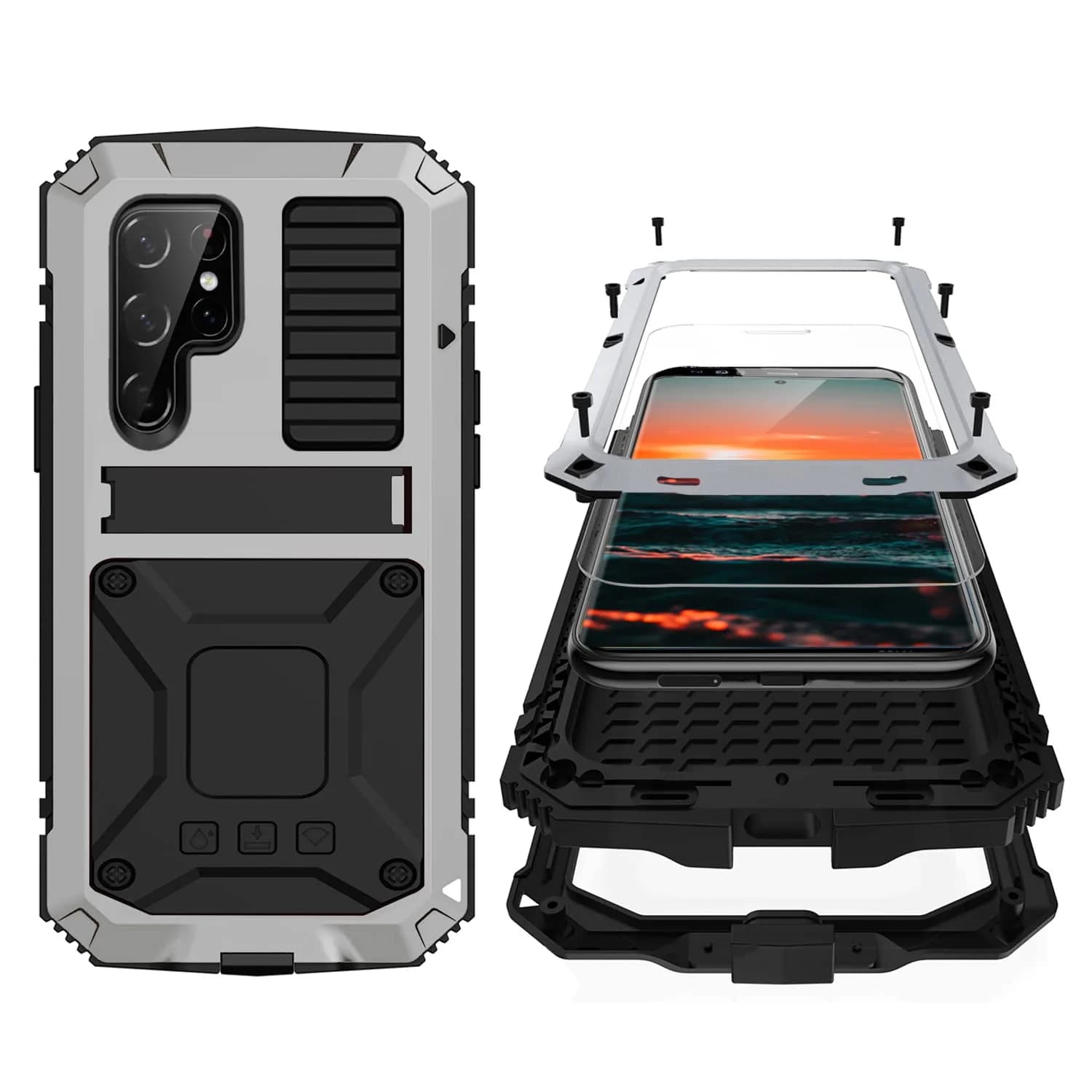 Simicoo Samsung S22 Plus Metal Bumper Silicone Case with Stand Silver | Heavy Duty Shockproof Rugged Cover