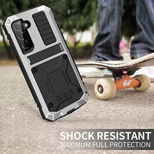 Simicoo Samsung S22 Plus Metal Bumper Silicone Case with Stand Silver | Heavy Duty Shockproof Rugged Cover thumbnail 5