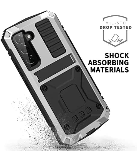 Simicoo Samsung S22 Plus Metal Bumper Silicone Case with Stand Silver | Heavy Duty Shockproof Rugged Cover thumbnail 2