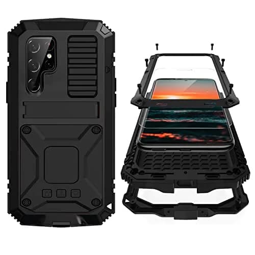 Simicoo Samsung S22 Ultra Metal Case with Screen Protector & Stand | Heavy Duty Shockproof Cover for Samsung S22 Ultra (Black) thumbnail 1